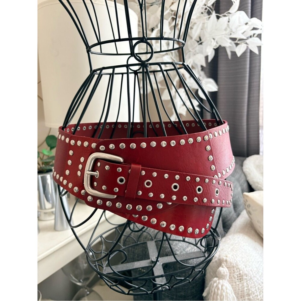 Zara Red Leather Grommet Statement Wide Belt Size 85 32-34